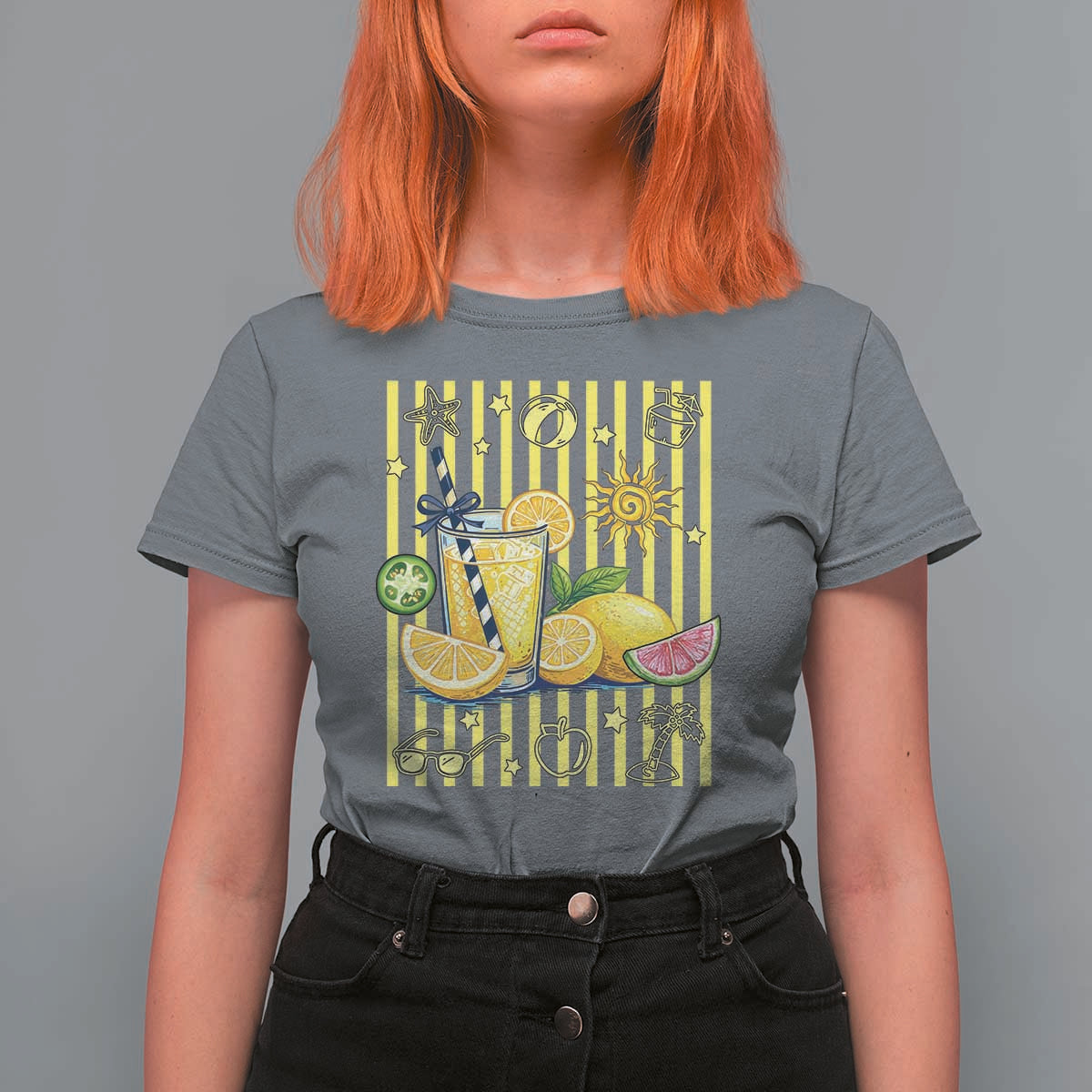Striped Summer Lemonade T Shirt For Women Preppy Brushstroke Aesthetic Graphic