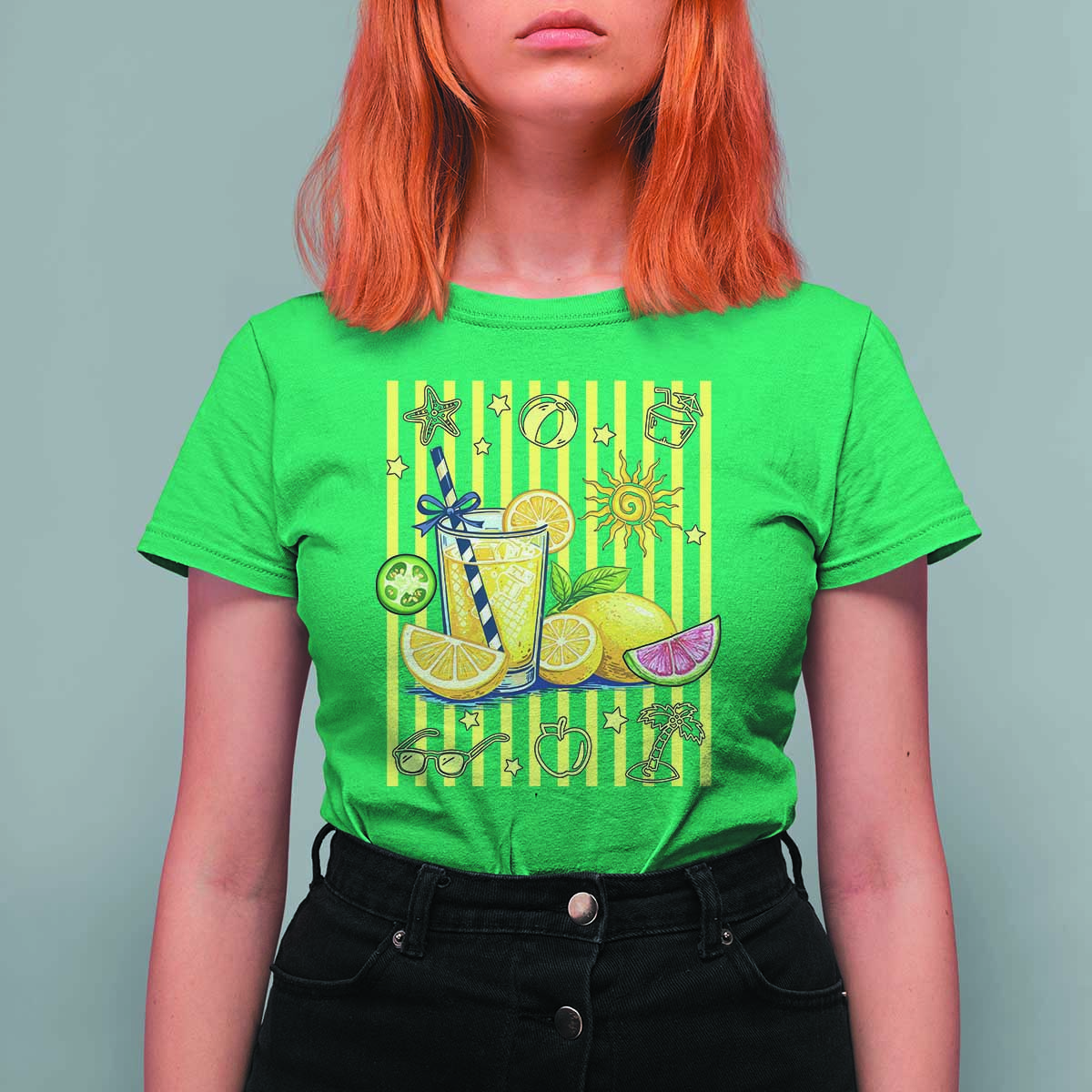 Striped Summer Lemonade T Shirt For Women Preppy Brushstroke Aesthetic Graphic