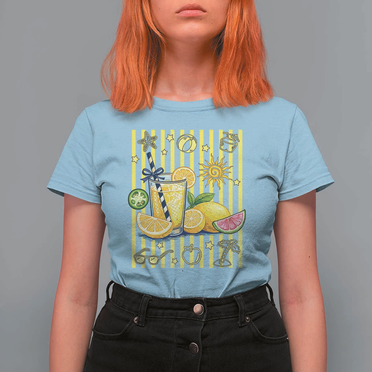 Striped Summer Lemonade T Shirt For Women Preppy Brushstroke Aesthetic Graphic