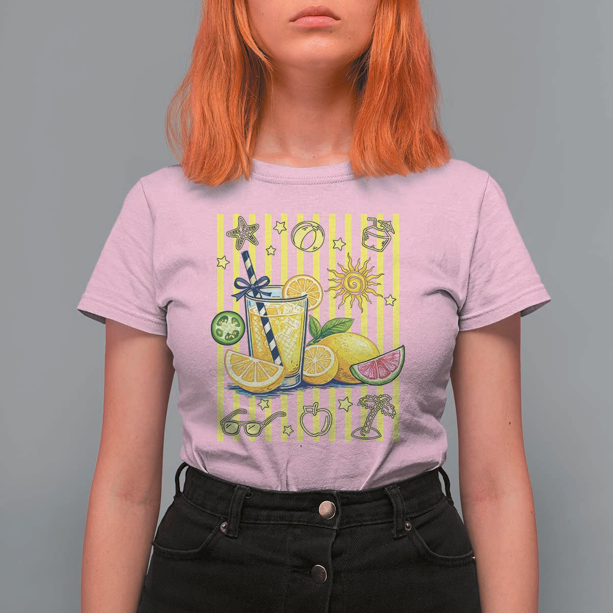 Striped Summer Lemonade T Shirt For Women Preppy Brushstroke Aesthetic Graphic