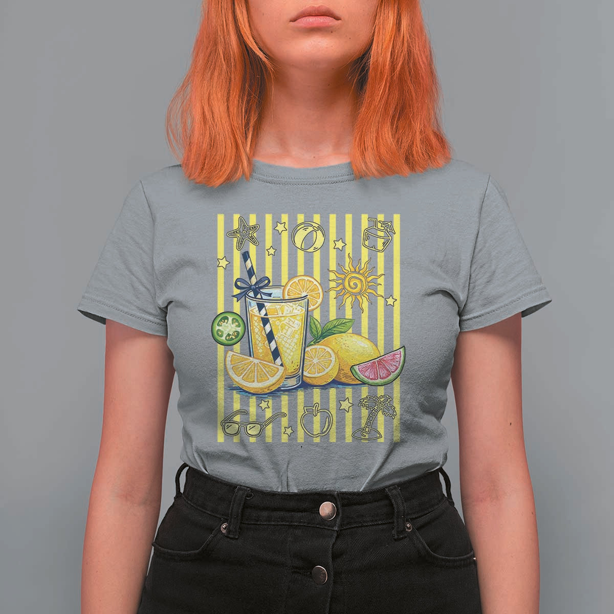 Striped Summer Lemonade T Shirt For Women Preppy Brushstroke Aesthetic Graphic