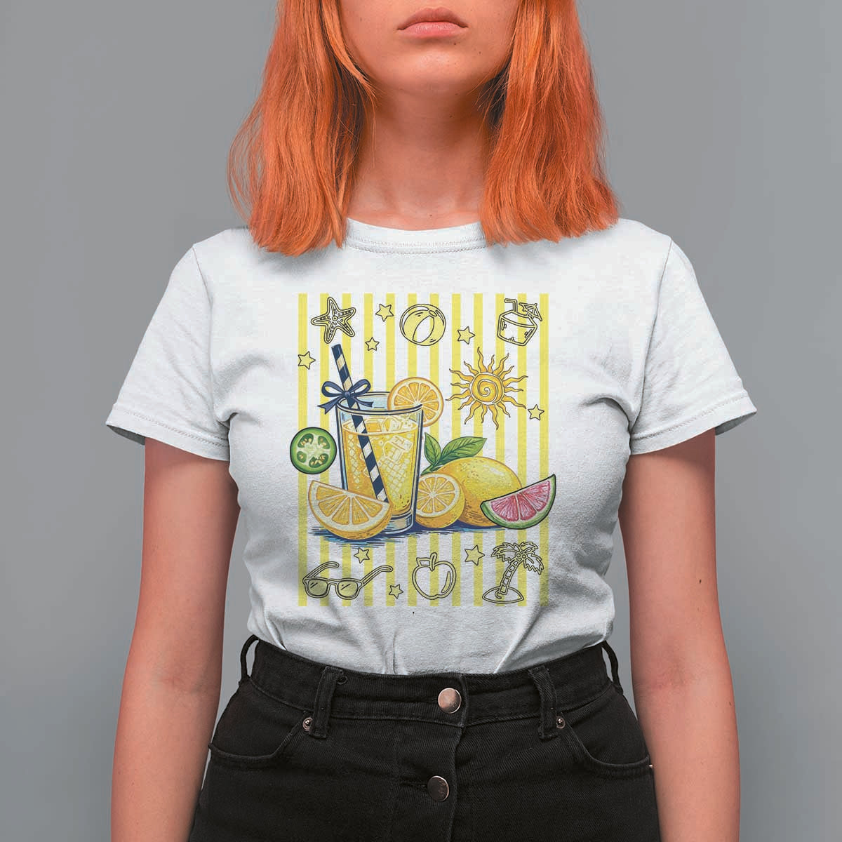 Striped Summer Lemonade T Shirt For Women Preppy Brushstroke Aesthetic Graphic