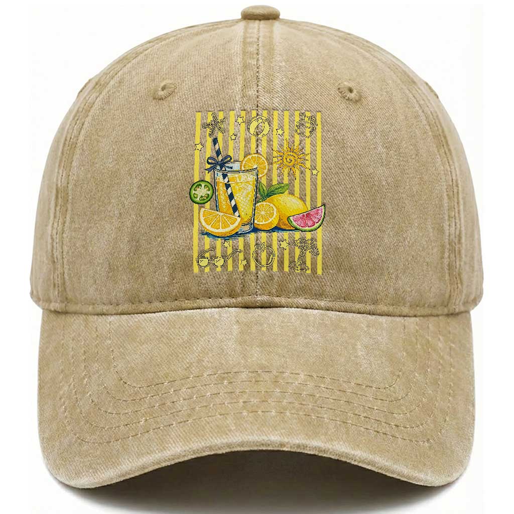 Striped Summer Lemonade Washed Cotton Baseball Cap Preppy Brushstroke Aesthetic Graphic