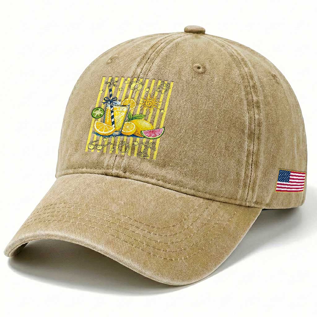 Striped Summer Lemonade Washed Cotton Baseball Cap Preppy Brushstroke Aesthetic Graphic