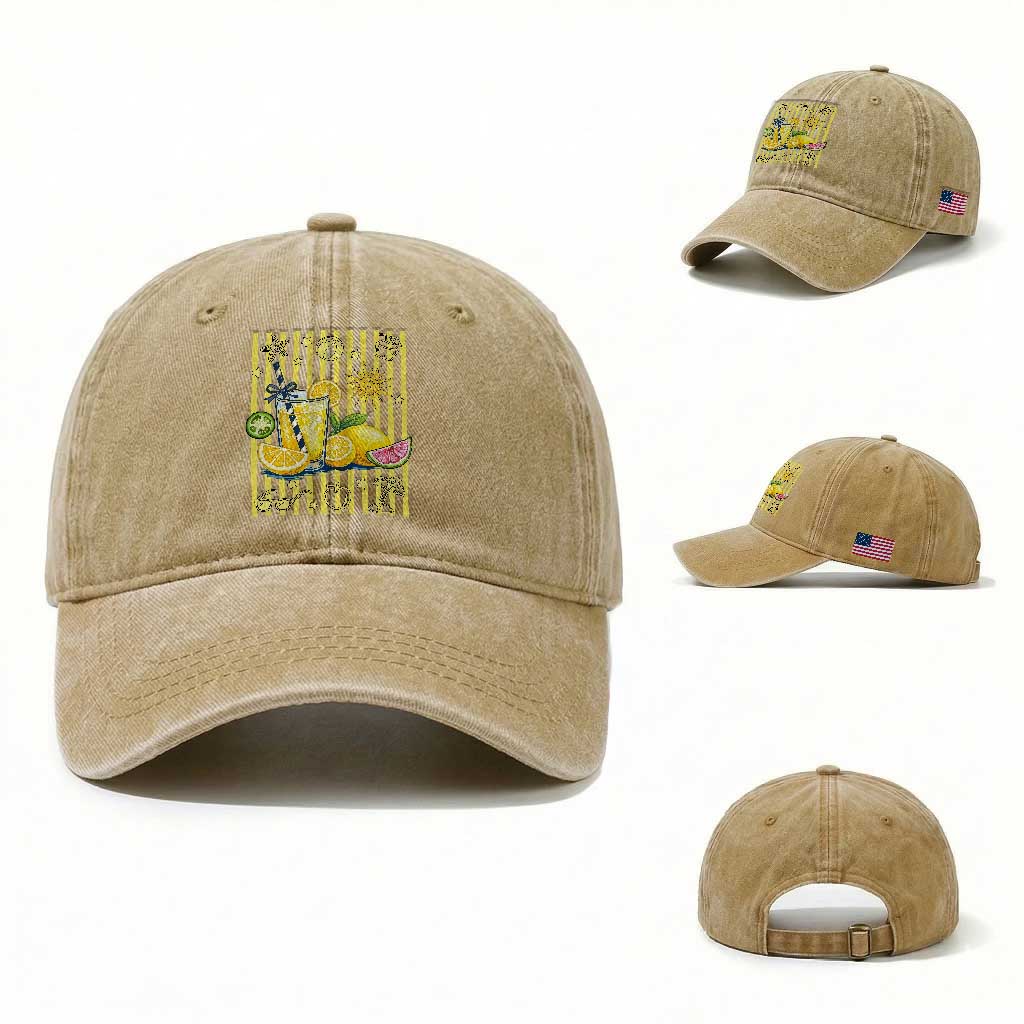 Striped Summer Lemonade Washed Cotton Baseball Cap Preppy Brushstroke Aesthetic Graphic