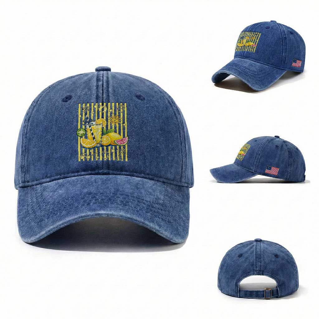 Striped Summer Lemonade Washed Cotton Baseball Cap Preppy Brushstroke Aesthetic Graphic