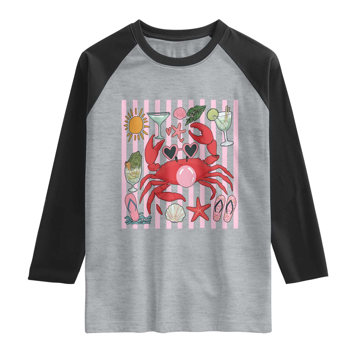 Funny Crab Tropical Summer Vacation Gift Raglan Shirt Striped Summer Beach Vibes