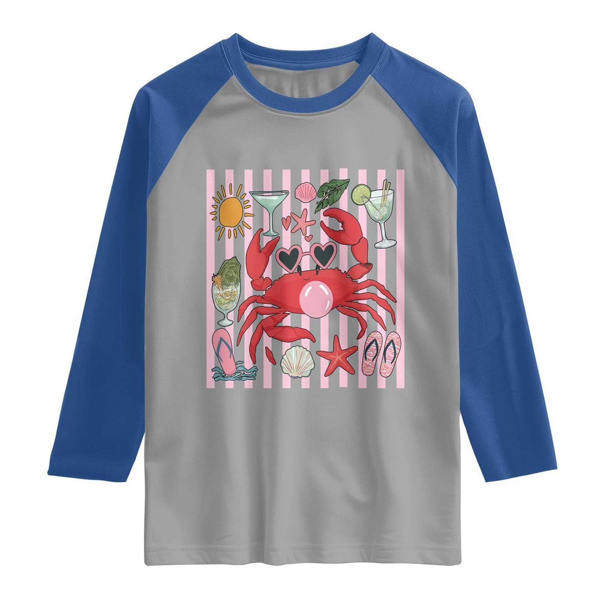 Funny Crab Tropical Summer Vacation Gift Raglan Shirt Striped Summer Beach Vibes