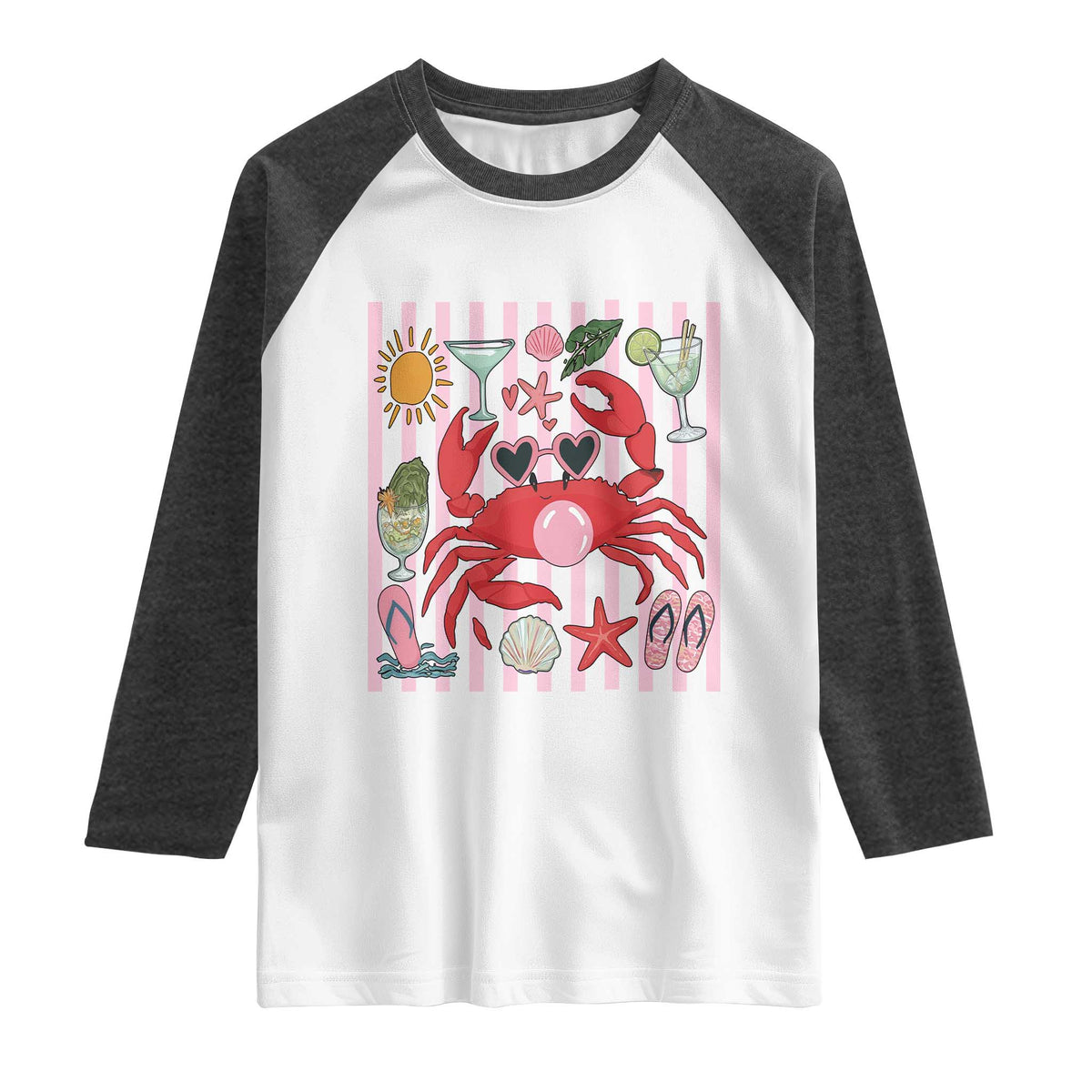 Funny Crab Tropical Summer Vacation Gift Raglan Shirt Striped Summer Beach Vibes