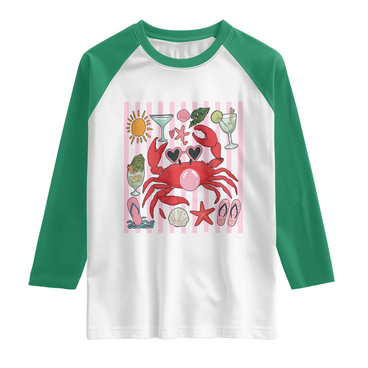 Funny Crab Tropical Summer Vacation Gift Raglan Shirt Striped Summer Beach Vibes