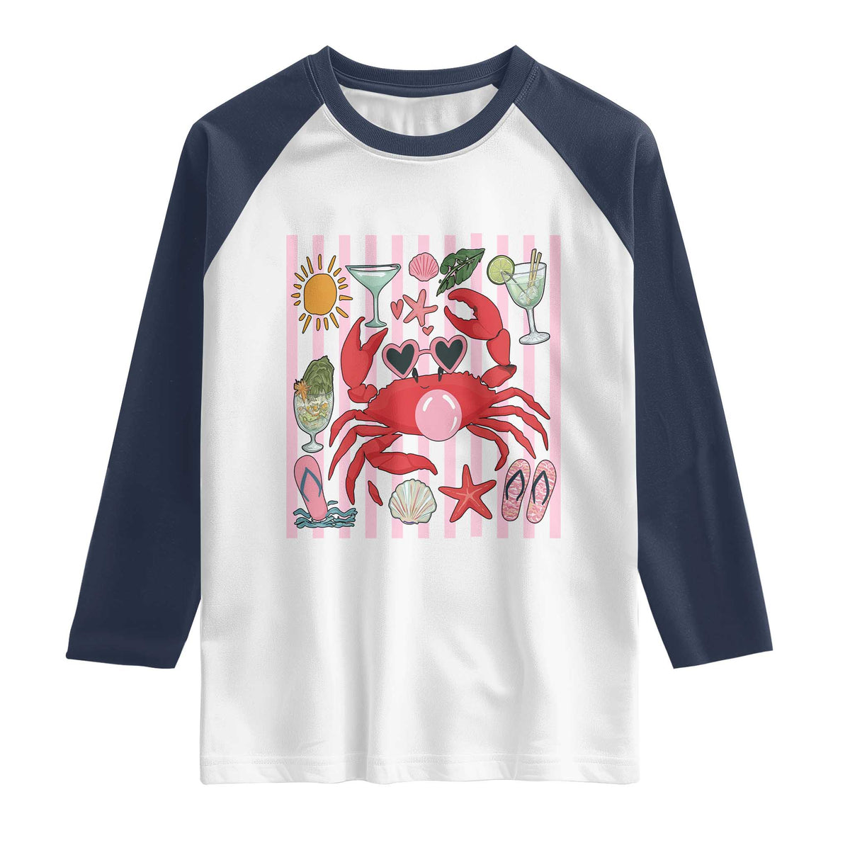 Funny Crab Tropical Summer Vacation Gift Raglan Shirt Striped Summer Beach Vibes
