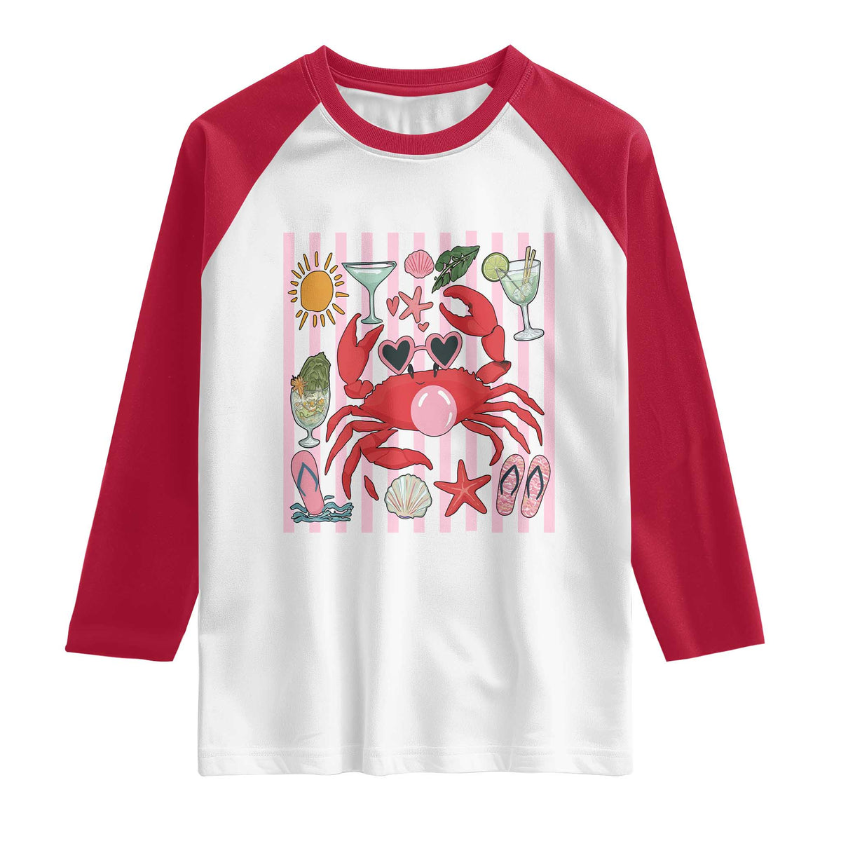 Funny Crab Tropical Summer Vacation Gift Raglan Shirt Striped Summer Beach Vibes