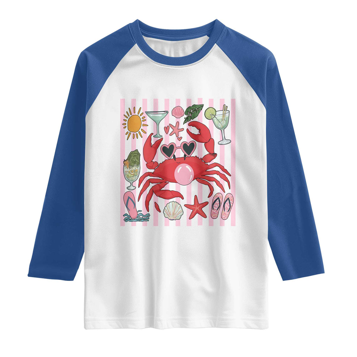 Funny Crab Tropical Summer Vacation Gift Raglan Shirt Striped Summer Beach Vibes