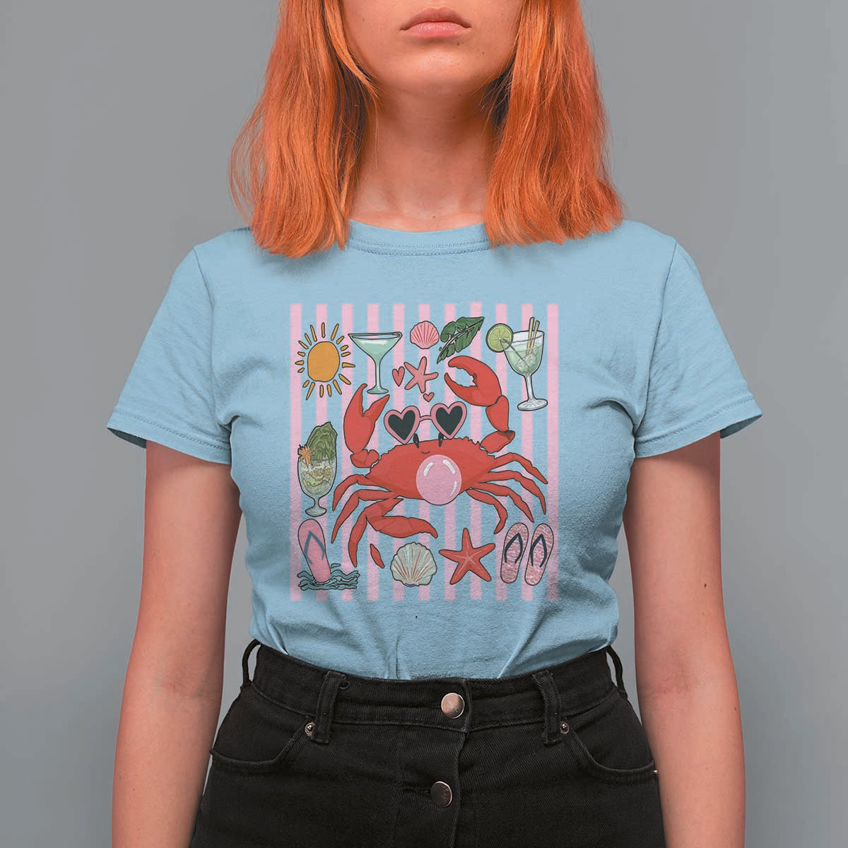Funny Crab Tropical Summer Vacation Gift T Shirt For Women Striped Summer Beach Vibes