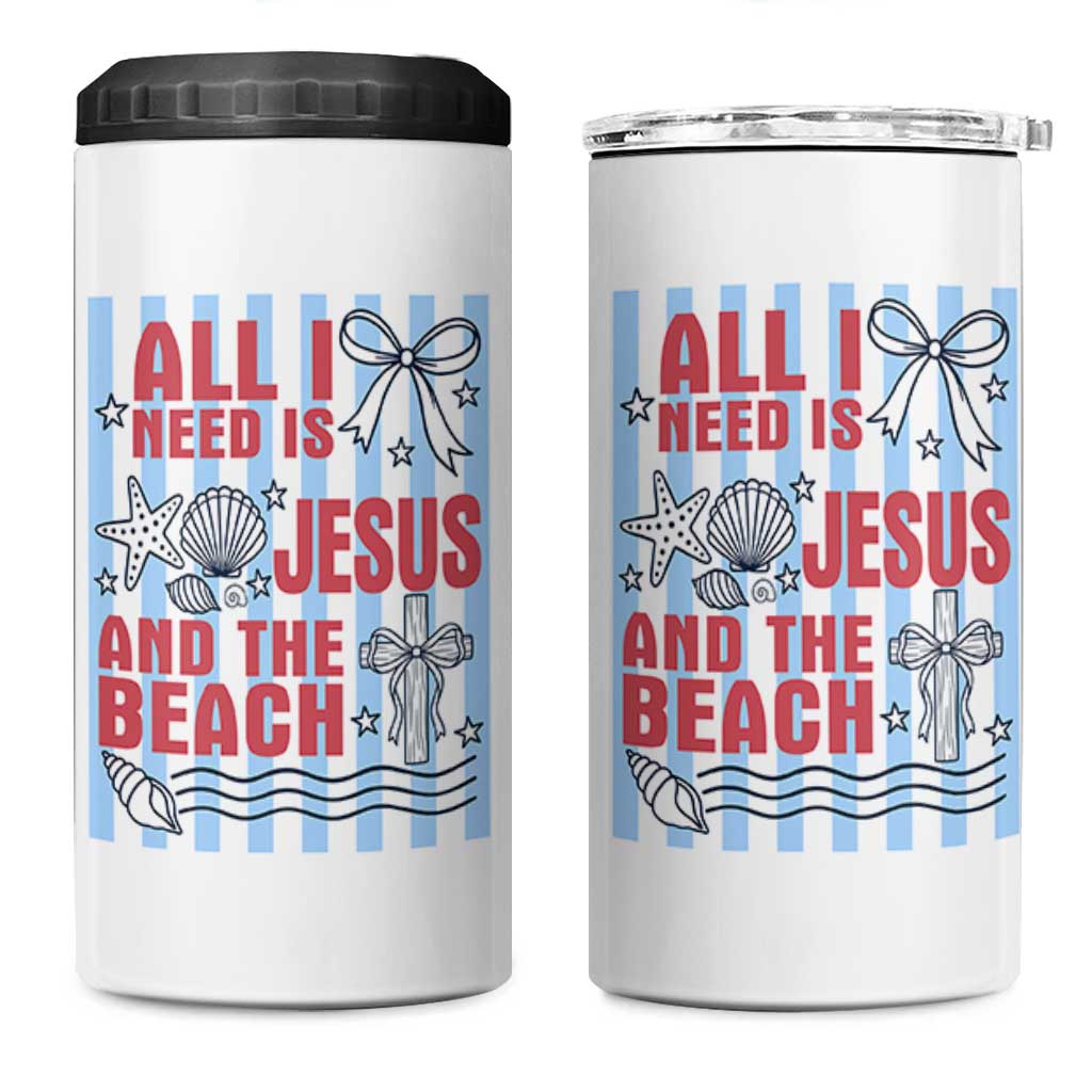 All I Need Is Jesus And The Beach 4 in 1 Can Cooler Tumbler Striped Christian Summer Graphic