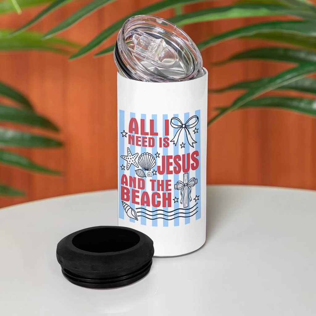 All I Need Is Jesus And The Beach 4 in 1 Can Cooler Tumbler Striped Christian Summer Graphic