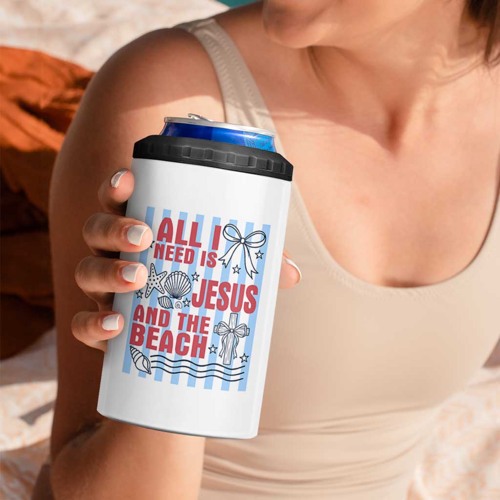 All I Need Is Jesus And The Beach 4 in 1 Can Cooler Tumbler Striped Christian Summer Graphic