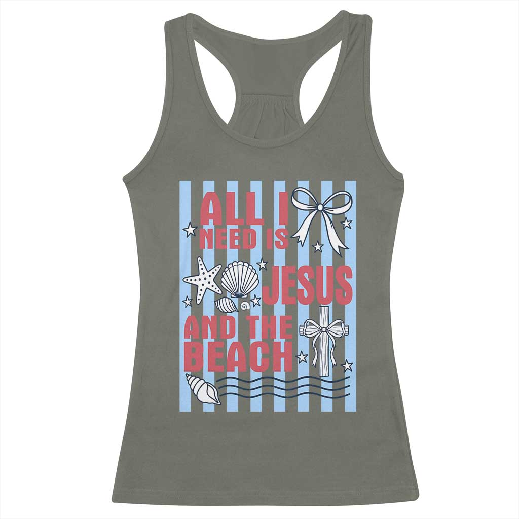 All I Need Is Jesus And The Beach Racerback Tank Top Striped Christian Summer Graphic