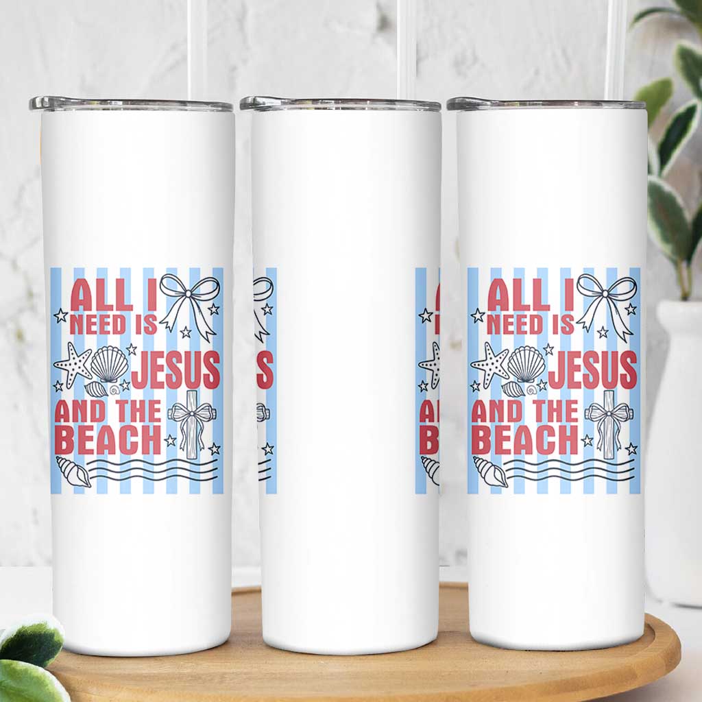 All I Need Is Jesus And The Beach Skinny Tumbler Striped Christian Summer Graphic