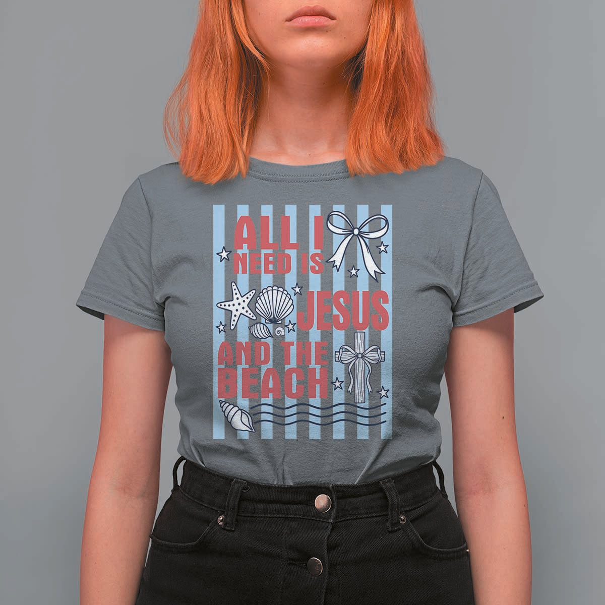 All I Need Is Jesus And The Beach T Shirt For Women Striped Christian Summer Graphic