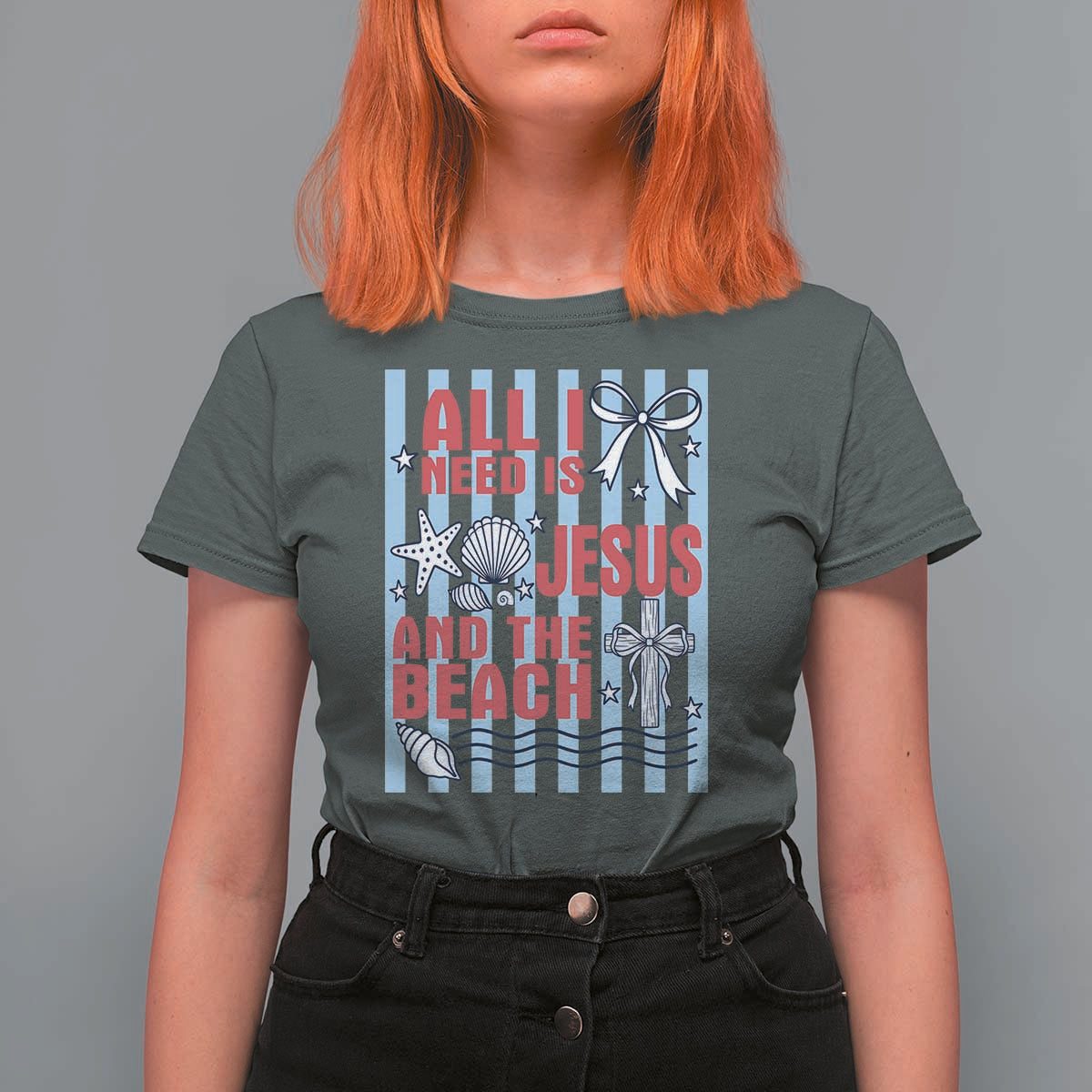 All I Need Is Jesus And The Beach T Shirt For Women Striped Christian Summer Graphic