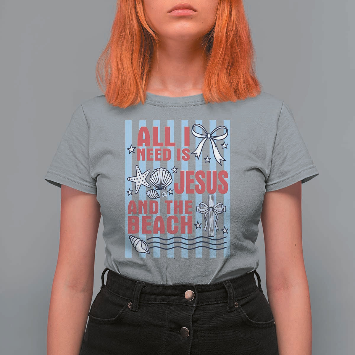 All I Need Is Jesus And The Beach T Shirt For Women Striped Christian Summer Graphic