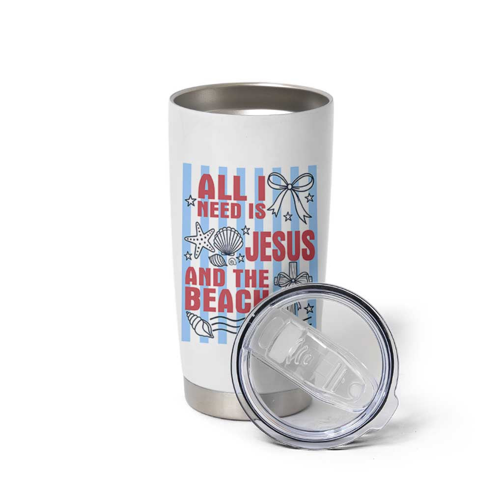 All I Need Is Jesus And The Beach Tumbler Cup Striped Christian Summer Graphic