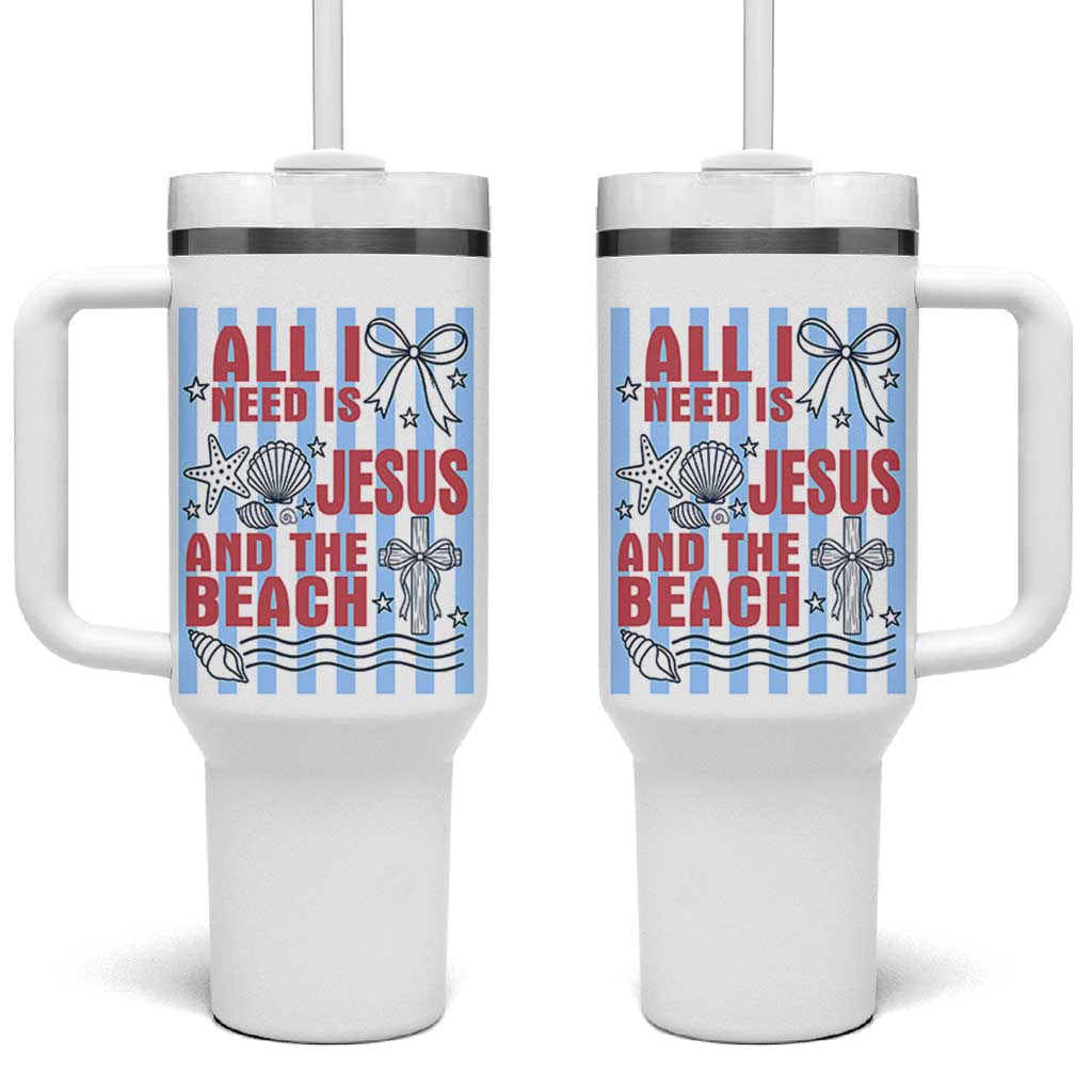 All I Need Is Jesus And The Beach Tumbler With Handle Striped Christian Summer Graphic