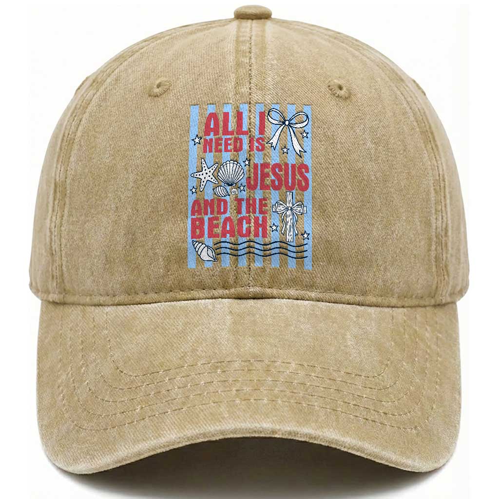 All I Need Is Jesus And The Beach Washed Cotton Baseball Cap Striped Christian Summer Graphic