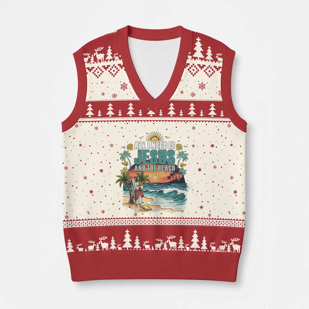 All I Need Is Jesus And The Beach V-Neck Knit Sweater Vest Christian Summer Faith Graphic