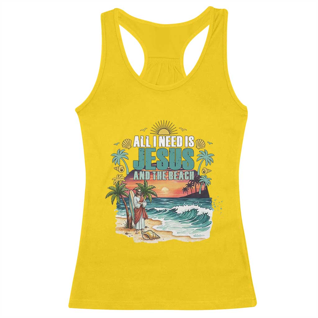 All I Need Is Jesus And The Beach Racerback Tank Top Christian Summer Faith Graphic