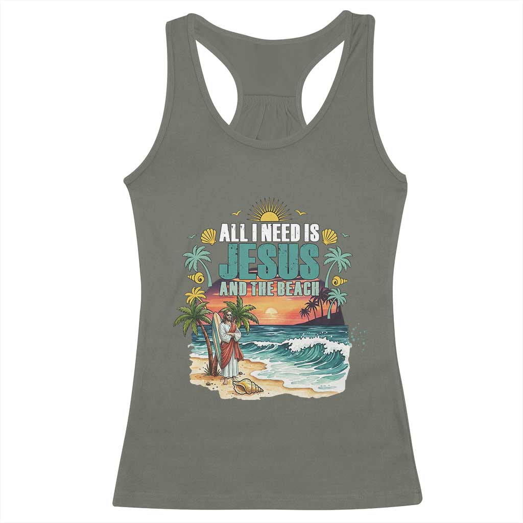All I Need Is Jesus And The Beach Racerback Tank Top Christian Summer Faith Graphic