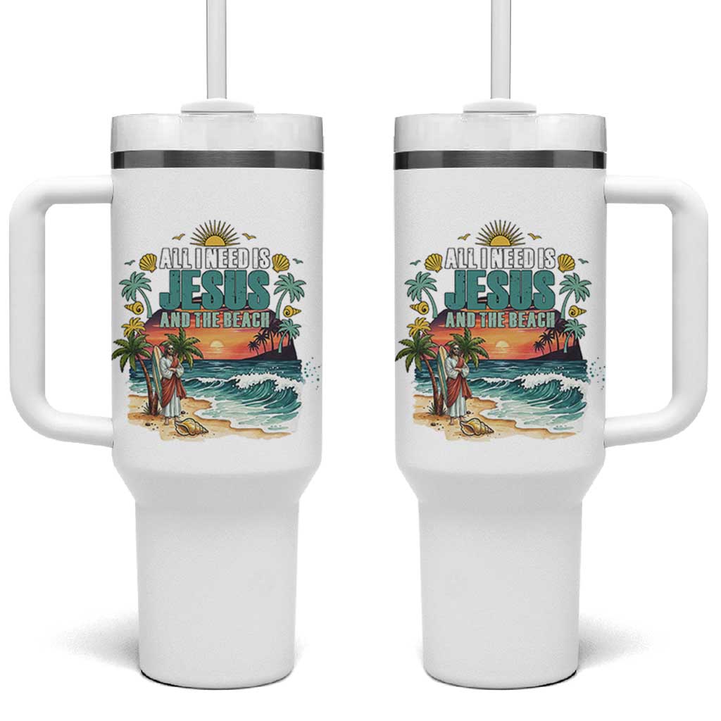 All I Need Is Jesus And The Beach Tumbler With Handle Christian Summer Faith Graphic