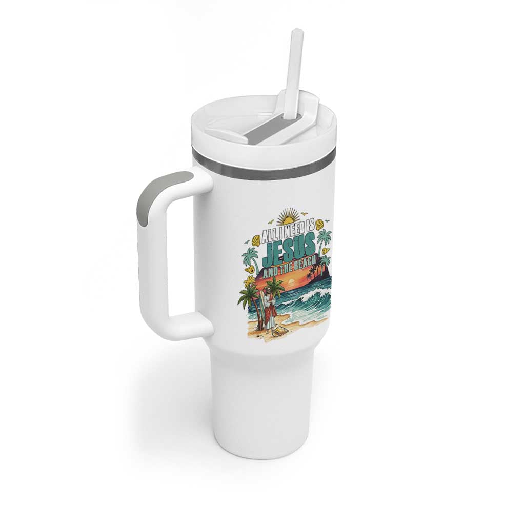 All I Need Is Jesus And The Beach Tumbler With Handle Christian Summer Faith Graphic