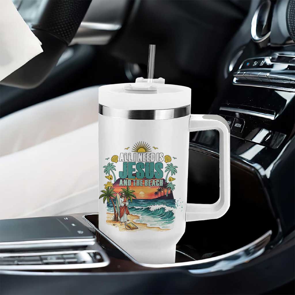 All I Need Is Jesus And The Beach Tumbler With Handle Christian Summer Faith Graphic