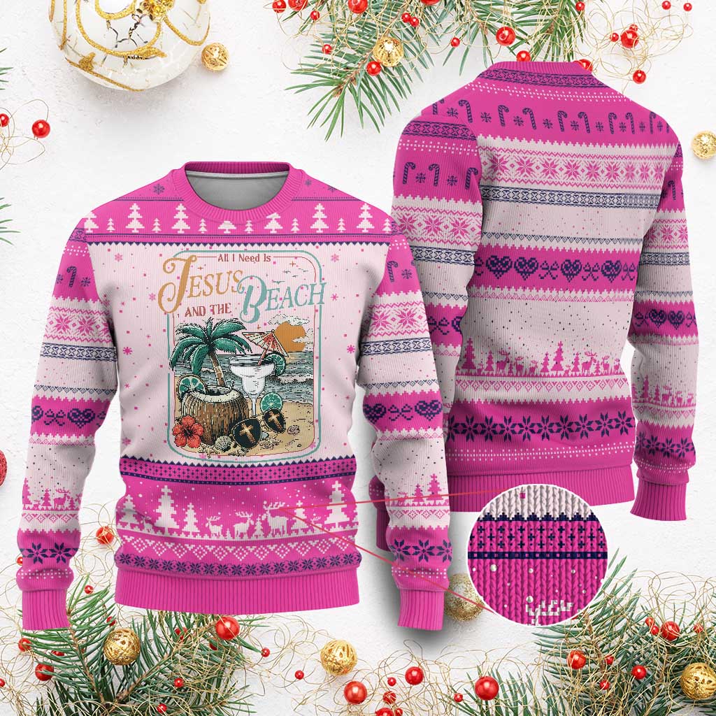 Funny Christian Beach Gift Ugly Christmas Sweater All I Need Is Jesus And The Beach