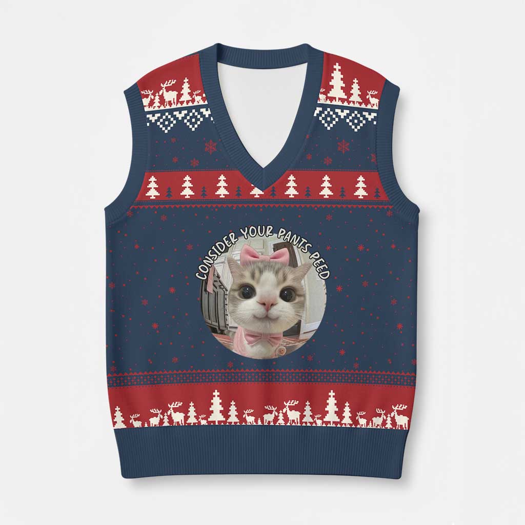 Consider Your Pants Peed V-Neck Knit Sweater Vest Funny Cat Meme Saying - Wonder Print Shop