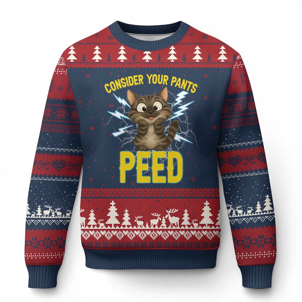 Funny Cat Lover Ugly Christmas Sweater Consider Your Pants Peed Quote - Wonder Print Shop
