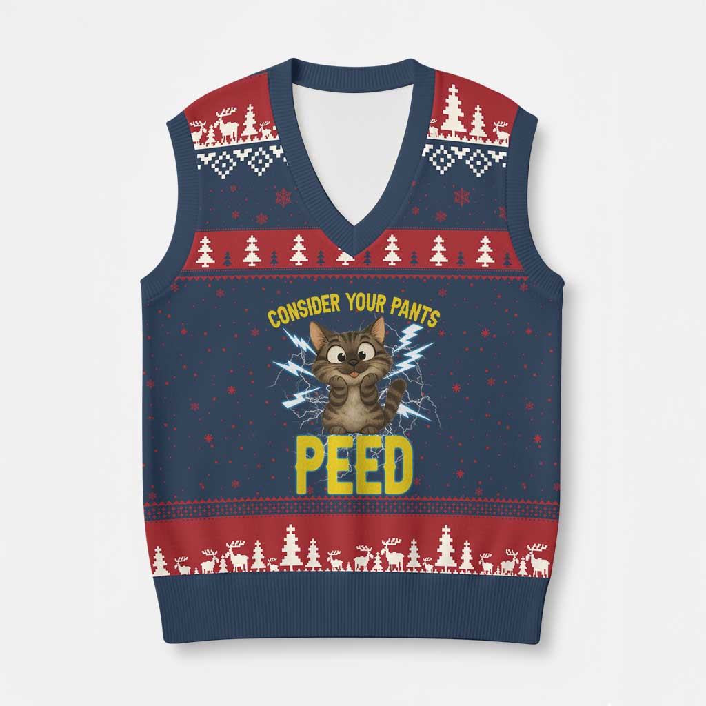 Funny Cat Lover V-Neck Knit Sweater Vest Consider Your Pants Peed Quote - Wonder Print Shop