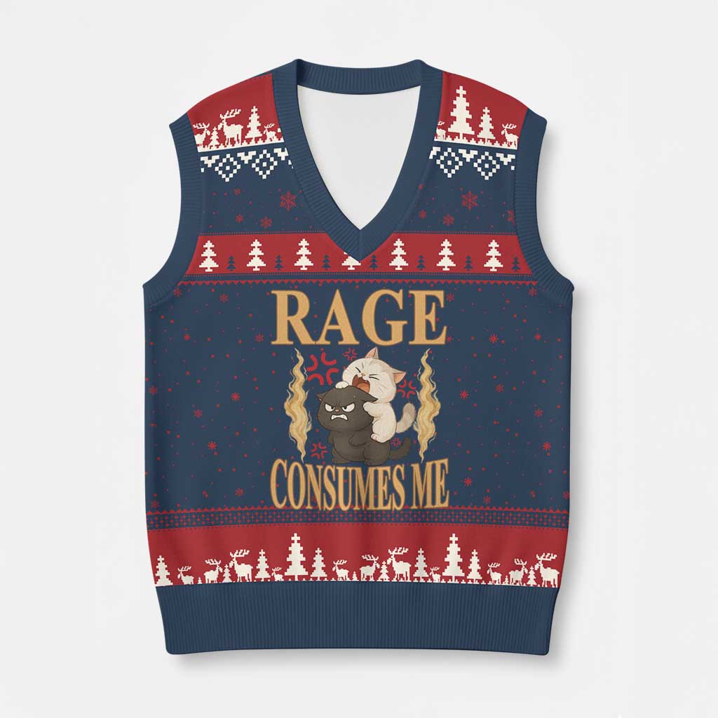Cute Cat V-Neck Knit Sweater Vest Rage Is Consuming Me - Wonder Print Shop