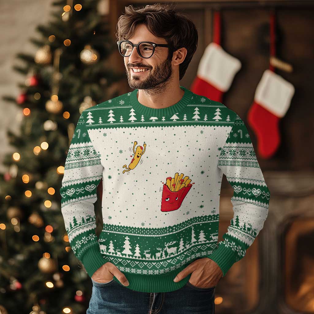 Funny French Fry Jumping Into Fries Box Ugly Christmas Sweater Fast Food Lover