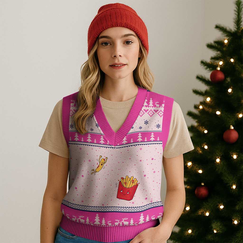 Funny French Fry Jumping Into Fries Box V-Neck Knit Sweater Vest Fast Food Lover