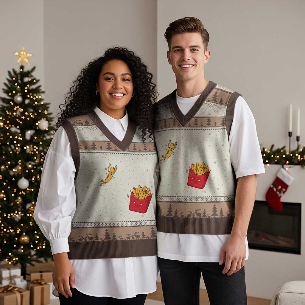 Funny French Fry Jumping Into Fries Box V-Neck Knit Sweater Vest Fast Food Lover