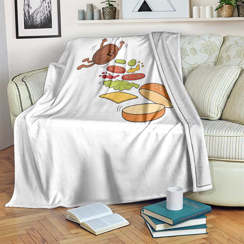 Funny Burger Ingredients Flying Into Bun Throw Blanket Fast Food Lover Gift