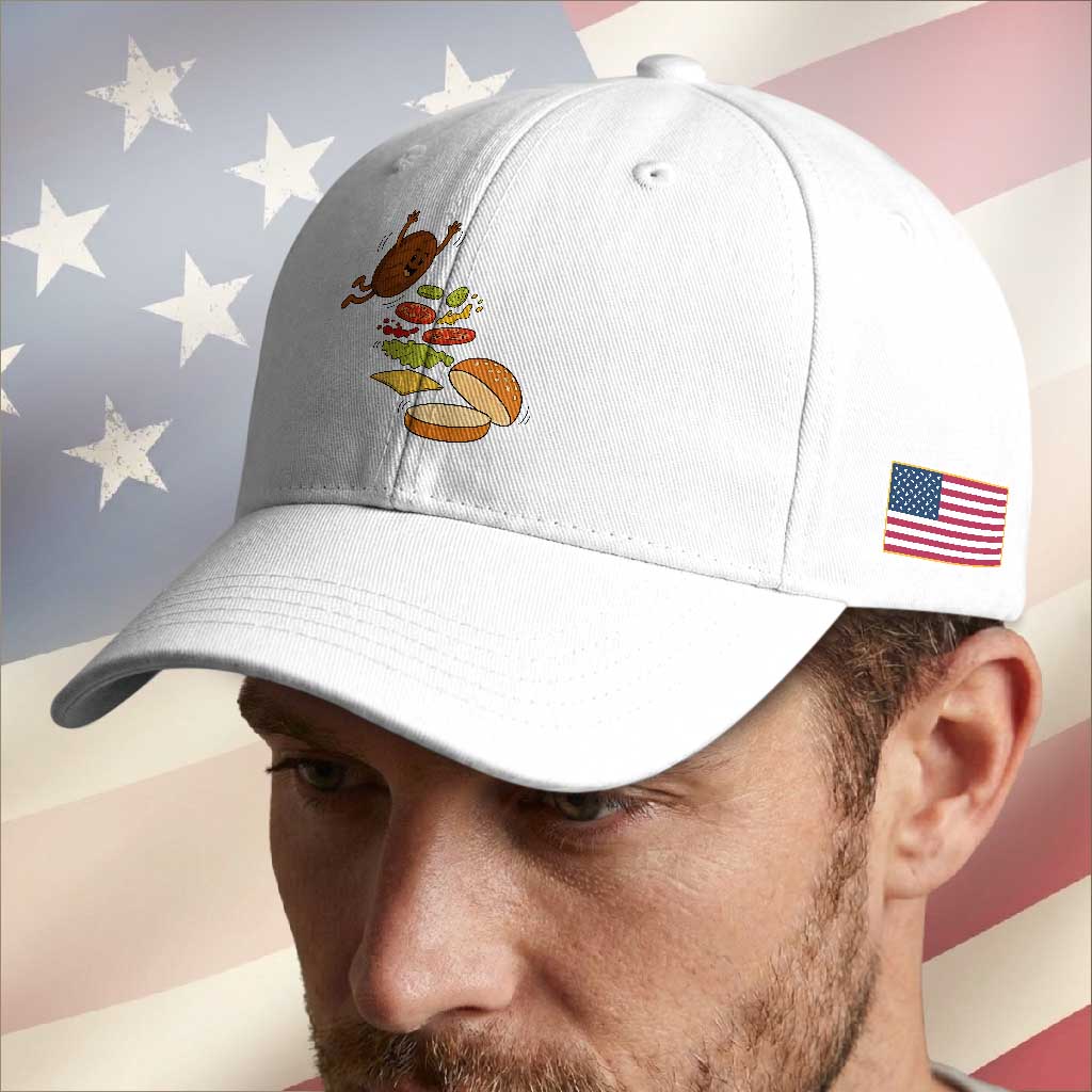 Funny Burger Ingredients Flying Into Bun Baseball Cap Fast Food Lover Gift