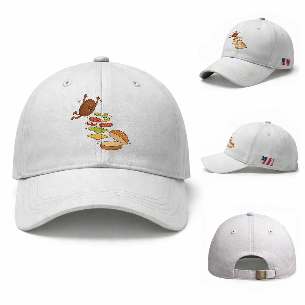 Funny Burger Ingredients Flying Into Bun Baseball Cap Fast Food Lover Gift