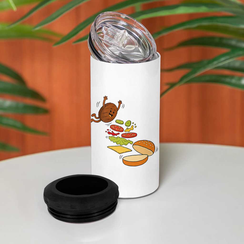 Funny Burger Ingredients Flying Into Bun 4 in 1 Can Cooler Tumbler Fast Food Lover Gift