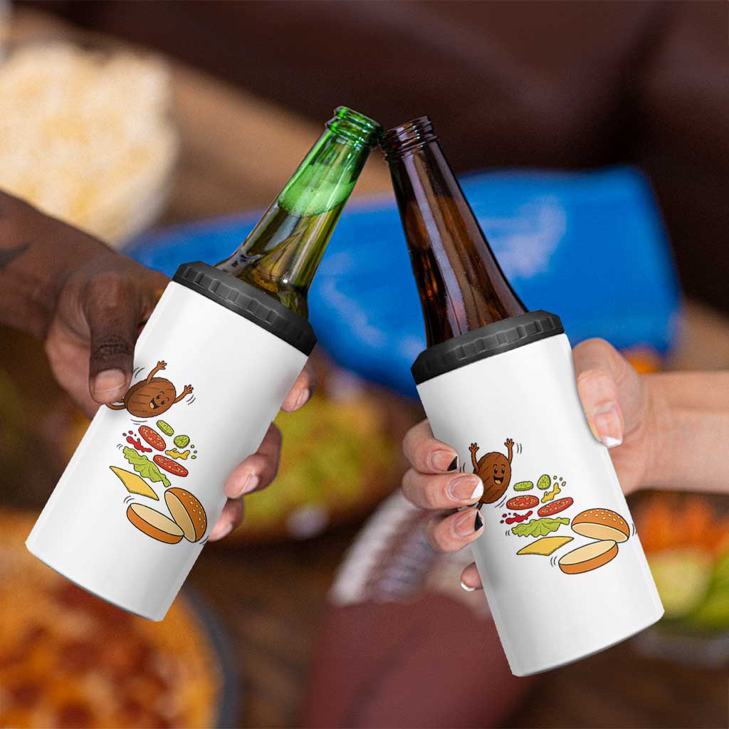 Funny Burger Ingredients Flying Into Bun 4 in 1 Can Cooler Tumbler Fast Food Lover Gift