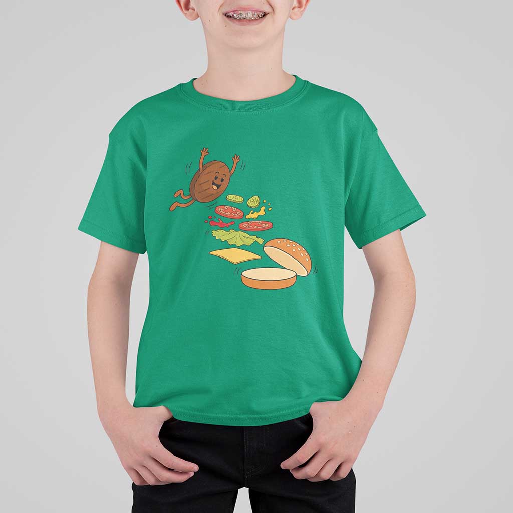 Funny Burger Ingredients Flying Into Bun T Shirt For Kid Fast Food Lover Gift