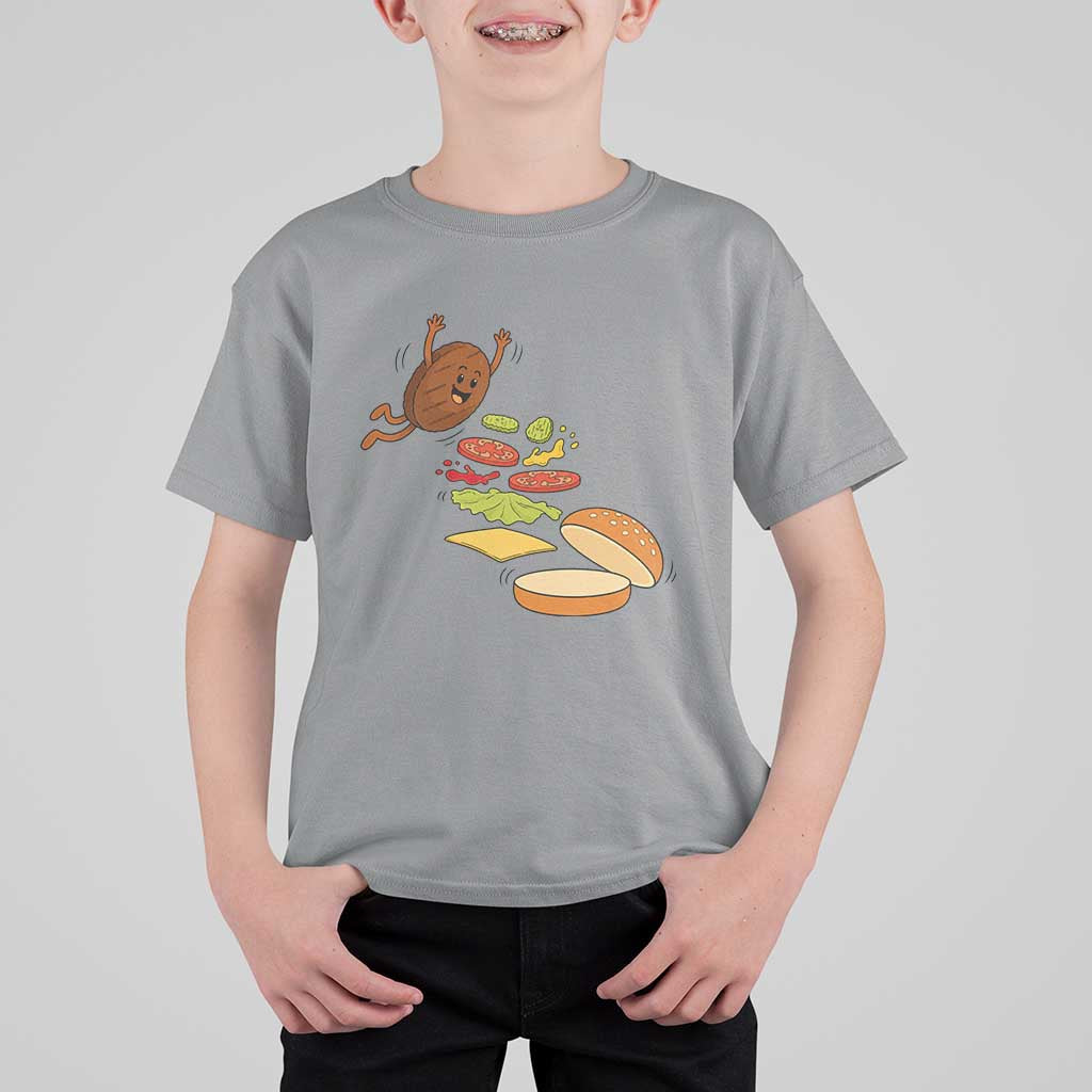 Funny Burger Ingredients Flying Into Bun T Shirt For Kid Fast Food Lover Gift